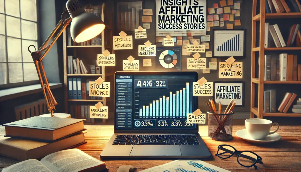 Başarı hikayelerini anlatan bir dizüstü bilgisayar ekranında affiliate marketing kazanç raporları.