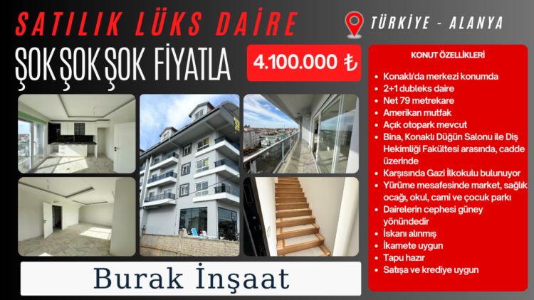 Alanya Konaklı Gazi İlkokulu karşısında 2+1 dubleks daire: Konforlu ve modern yaşam alanı.